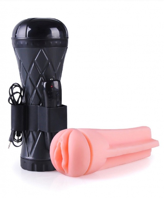 Телесный мастурбатор-вагина в черной колбе с вибрацией - Boys of Toys - в Грозном купить с доставкой