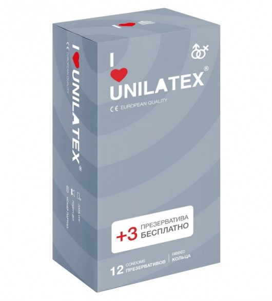 Презервативы с рёбрами Unilatex Ribbed - 12 шт. + 3 шт. в подарок - Unilatex - купить с доставкой в Грозном
