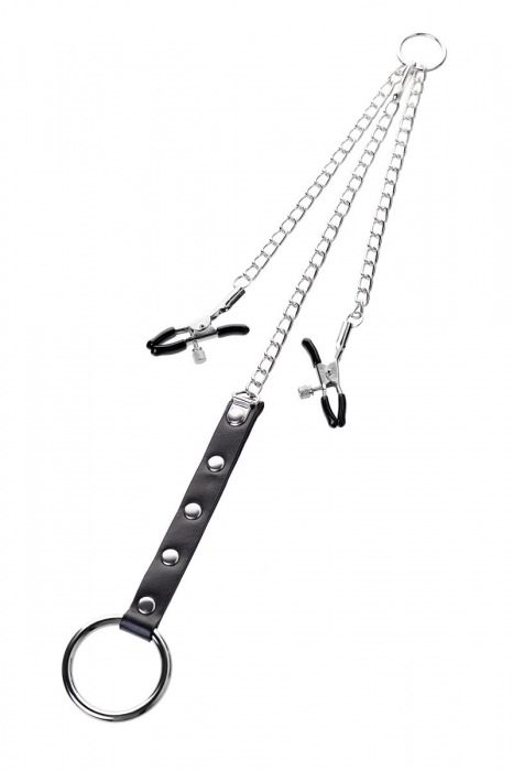 Серебристо-чёрные зажимы для сосков с кольцом для пениса TOYFA Metal - ToyFa - купить с доставкой в Грозном